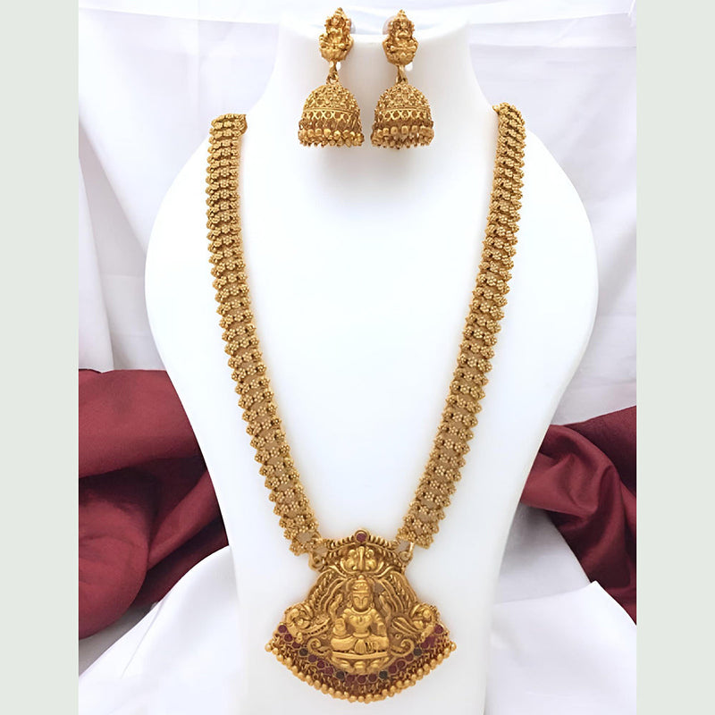 Joyful Jewel Art Matte Gold Plated Pota Stone Temple Long Necklace Set