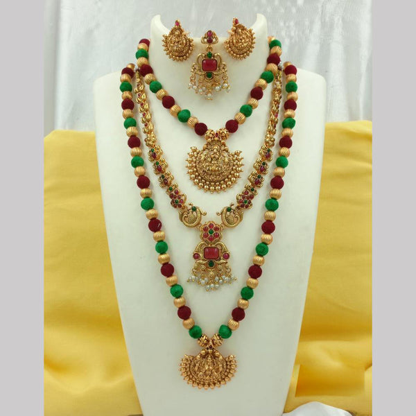 Joyful Jewel Art Matte Gold Plated Pota Stone Temple Long Necklace Combo