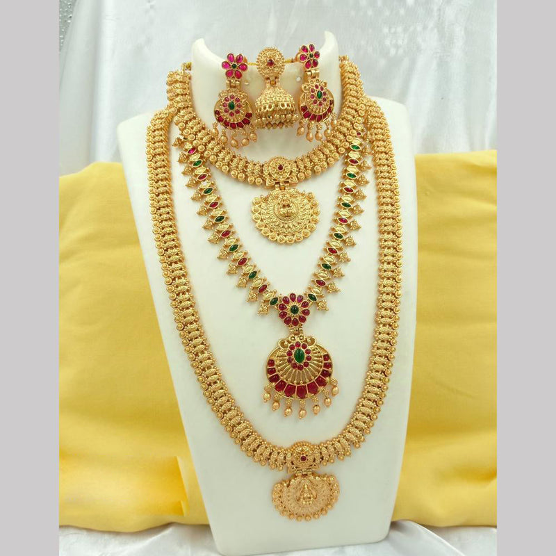 Joyful Jewel Art Matte Gold Plated Pota Stone Temple Long Necklace Combo