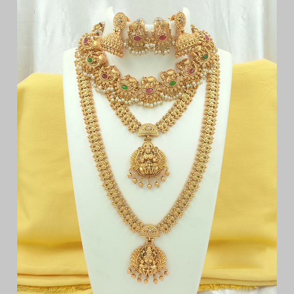 Joyful Jewel Art Matte Gold Plated Pota Stone Temple Long Necklace Combo