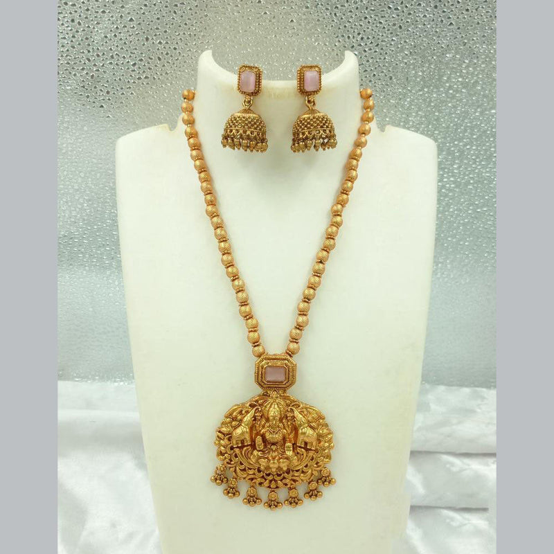 Joyful Jewel Art Matte Gold Plated Pota Stone And Temple Necklace Set