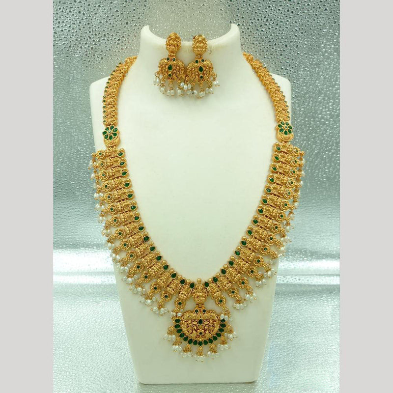 Joyful Jewel Art Matte Gold Plated Pota Stone And Temple Long Necklace Set