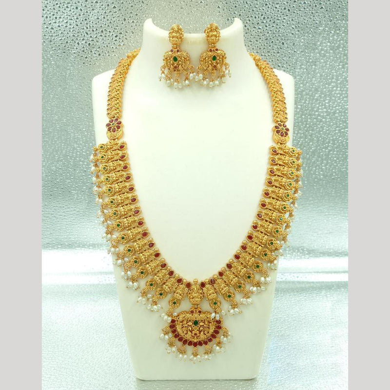 Joyful Jewel Art Matte Gold Plated Pota Stone And Temple Long Necklace Set