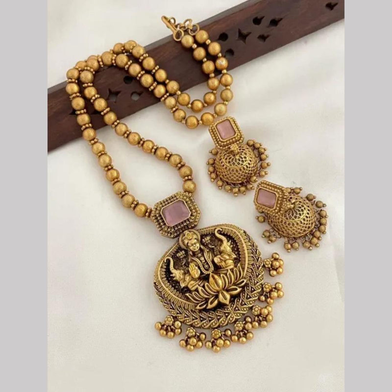 Joyful Jewel Art Matte Gold Plated Pota Stone And Temple Necklace Set