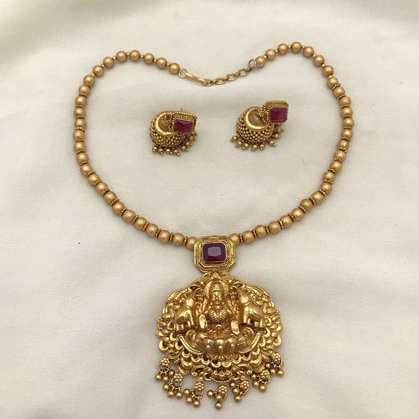 Joyful Jewel Art Matte Gold Plated Pota Stone Temple Necklace Set