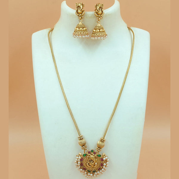 Joyful Jewel Art Matte Gold Plated Pota Stone And Pearls Ganesha Lord Long Necklace Set