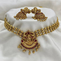 Joyful Jewel Art Matte Gold Plated Pota Stone Temple Choker Necklace Set