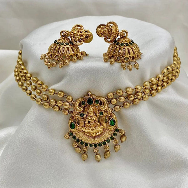 Joyful Jewel Art Matte Gold Plated Pota Stone Temple Choker Necklace Set