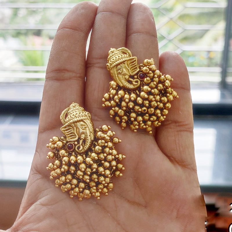 Joyful Jewel Art Matte Gold Plated Pota Stone And Pearl Lord Ganesha Dangler Earrings