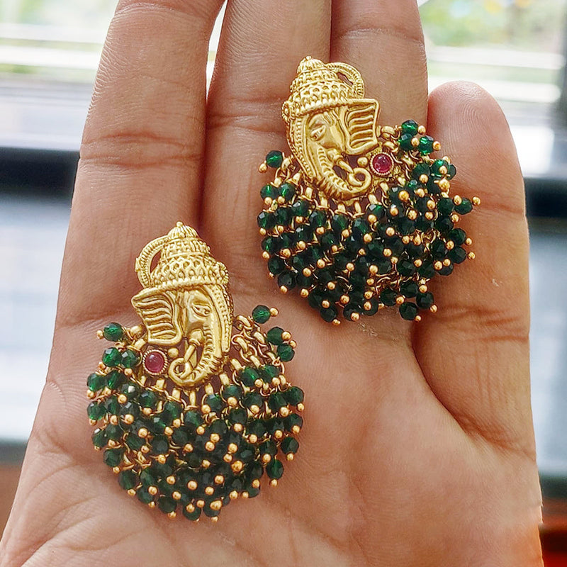 Joyful Jewel Art Matte Gold Plated Pota Stone And Pearl Lord Ganesha Dangler Earrings