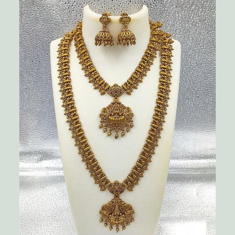 Joyful Jewel Art Matte Gold Plated Pota Stone Temple Double Necklace Set