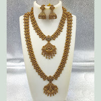 Joyful Jewel Art Matte Gold Plated Pota Stone Temple Double Necklace Set