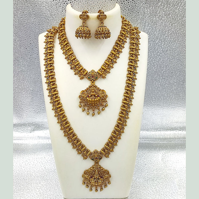 Joyful Jewel Art Matte Gold Plated Pota Stone Temple Double Necklace Set