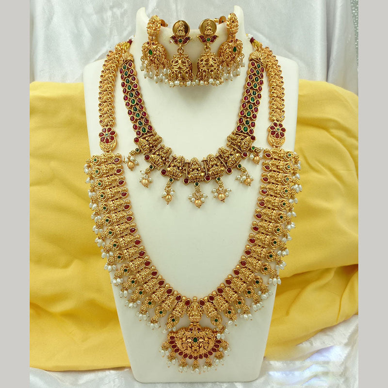 Joyful Jewel Art Matte Gold Plated Pota Stone Temple Double Necklace Set