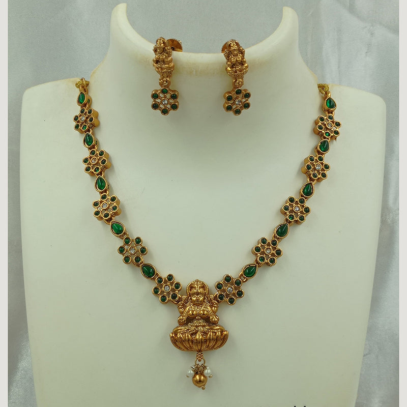 Joyful Jewel Art Matte Gold Plated Pota Stone And Pearls Temple Necklace Set