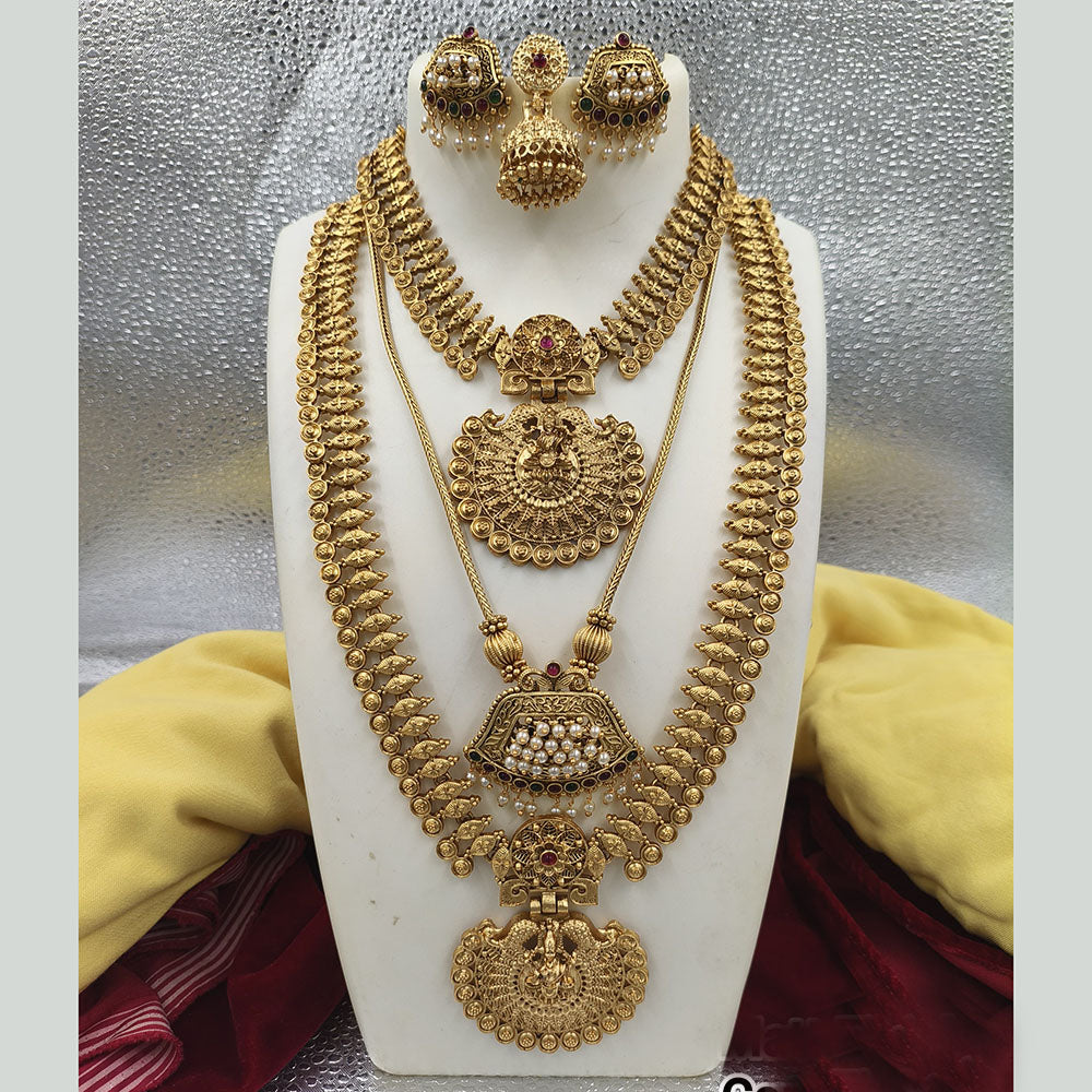 Joyful Jewel Art Matte Gold Plated Pota Stone Temple Combo Necklace Set