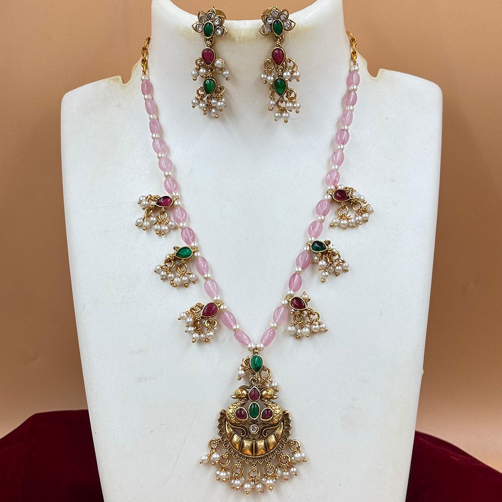 Joyful Jewel Art Matte Gold Plated Pota Stone And Pearls Necklace Set