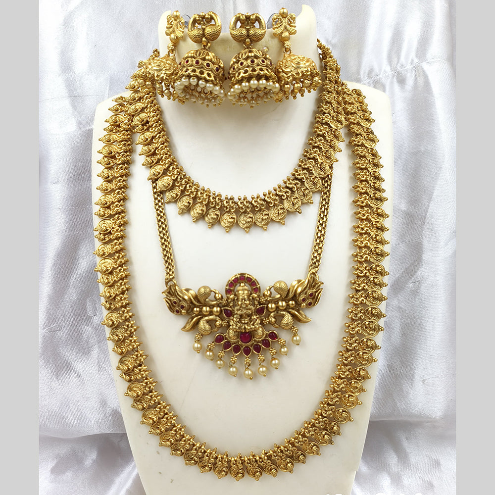 Joyful Jewel Art Matte Gold Plated Pota Stone Temple Combo Necklace Set