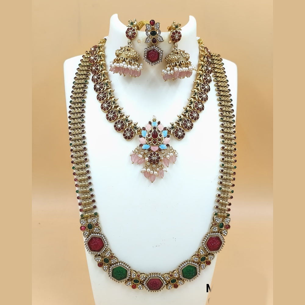 Joyful Jewel Royal Radiance Art Matte Gold Plated Pota Stone & Kundan Double Necklace Set
