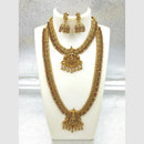 Joyful Jewel Art Matte Gold Plated Pota Stone And Pearl Temple Double Necklace Set