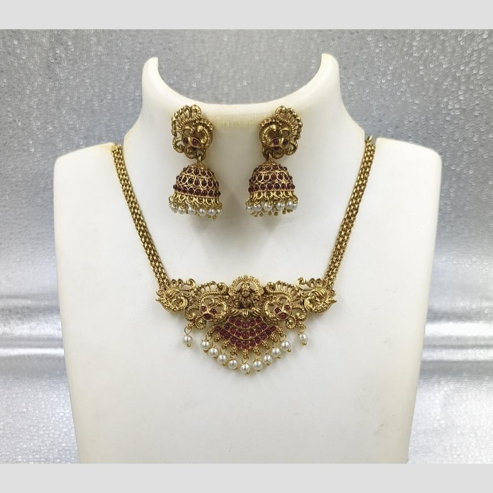 Joyful Jewel Art Matte Gold Plated Pota Stone And Pearl Temple Necklace Set