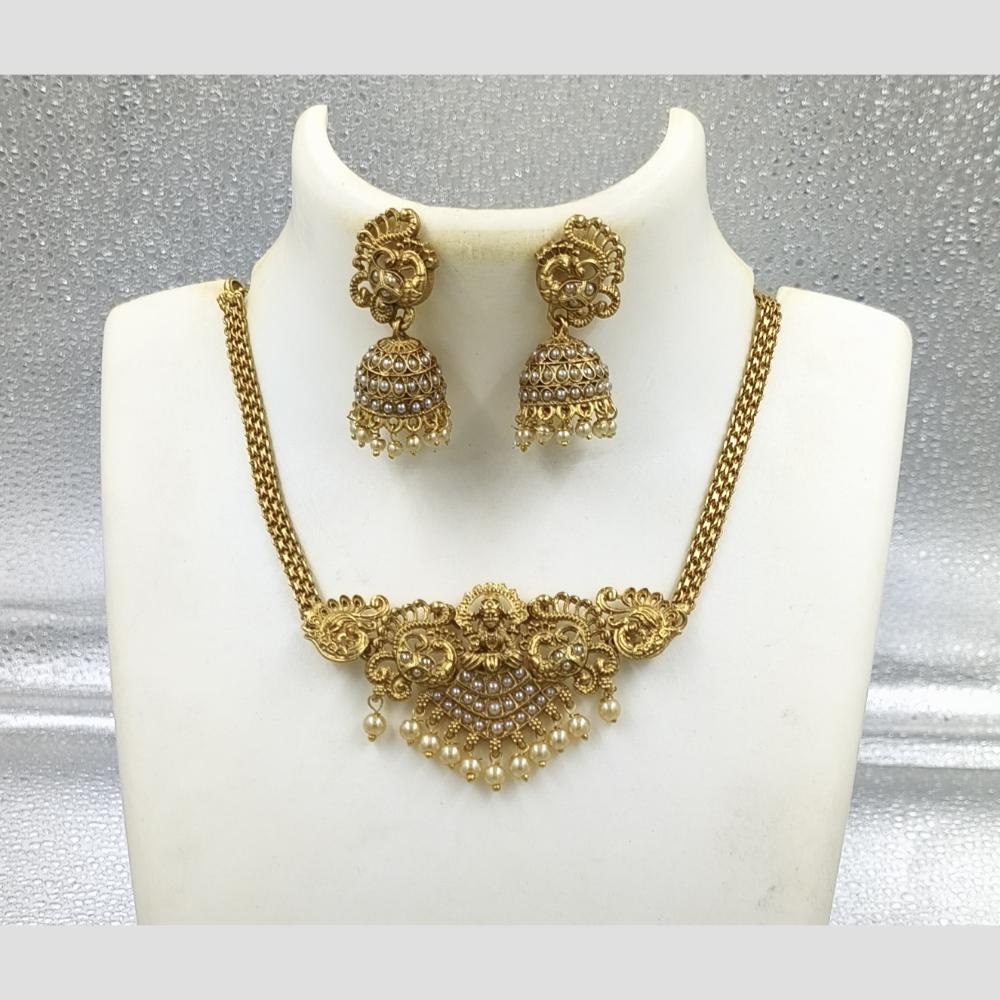 Joyful Jewel Art Matte Gold Plated Pota Stone And Pearl Temple Necklace Set