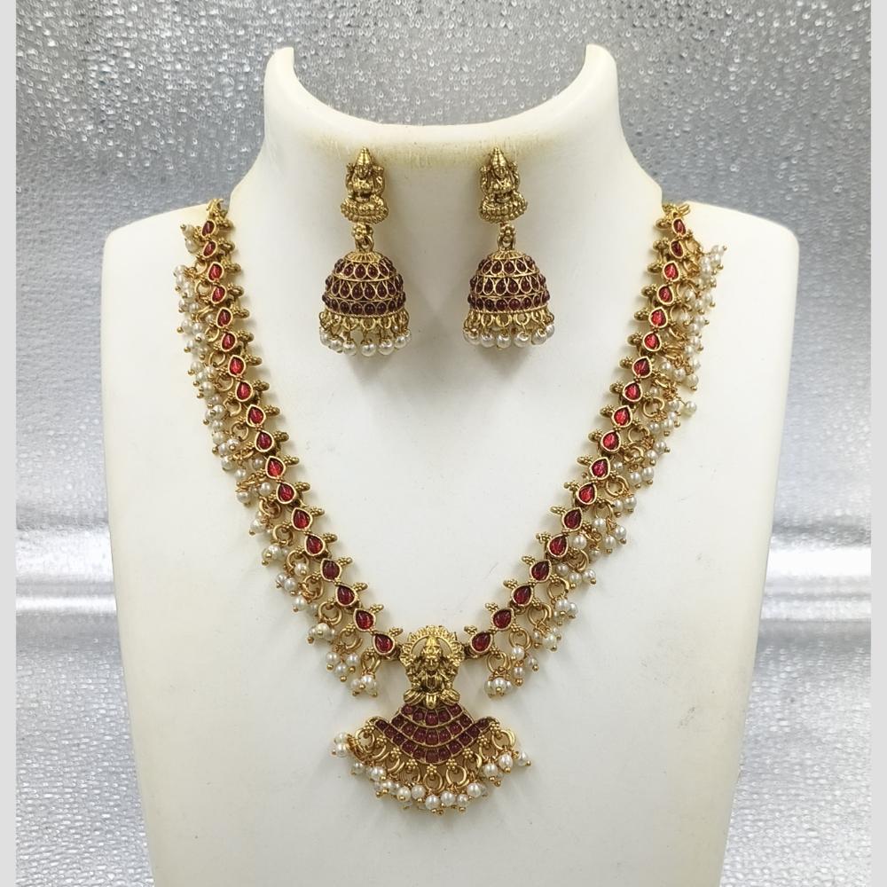 Joyful Jewel Art Matte Gold Plated Pota Stone And Pearl Temple Necklace Set