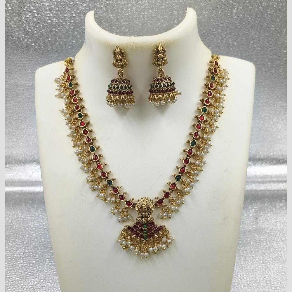 Joyful Jewel Art Matte Gold Plated Pota Stone And Pearl Temple Necklace Set