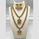 Joyful Jewel Art Matte Gold Plated Pota Stone And Pearl Temple Double Necklace Set