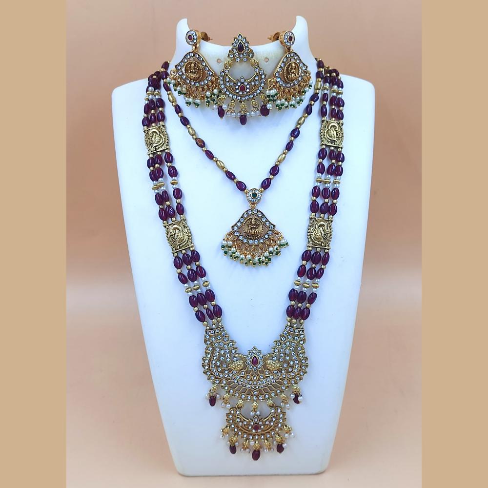 Joyful Jewel Art Matte Gold Plated Austrain Stone And Beads Temple Double Necklace Set