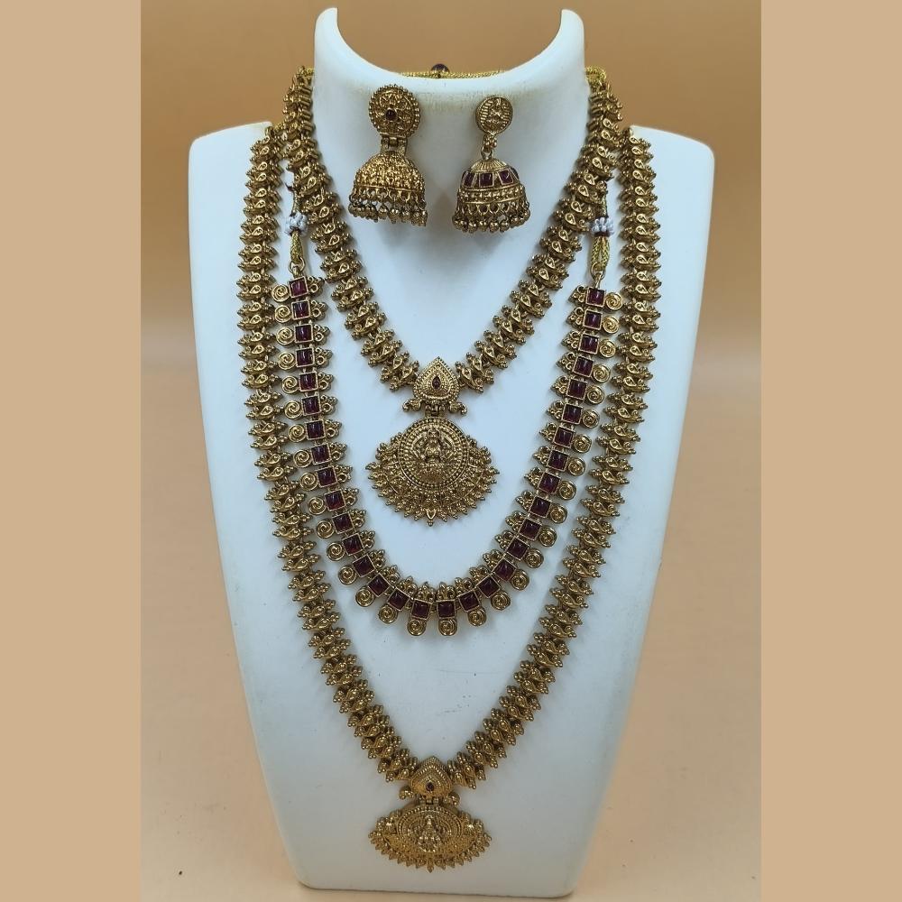 Joyful Jewel Art Matte Gold Plated Pota Stone Temple Long And Short Necklace Set