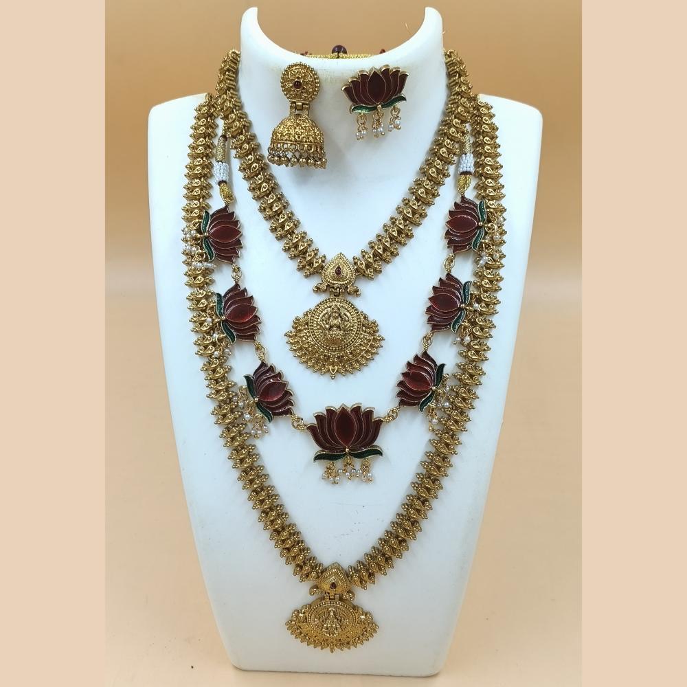 Joyful Jewel Art Matte Gold Plated Temple Long And Short Necklace Set