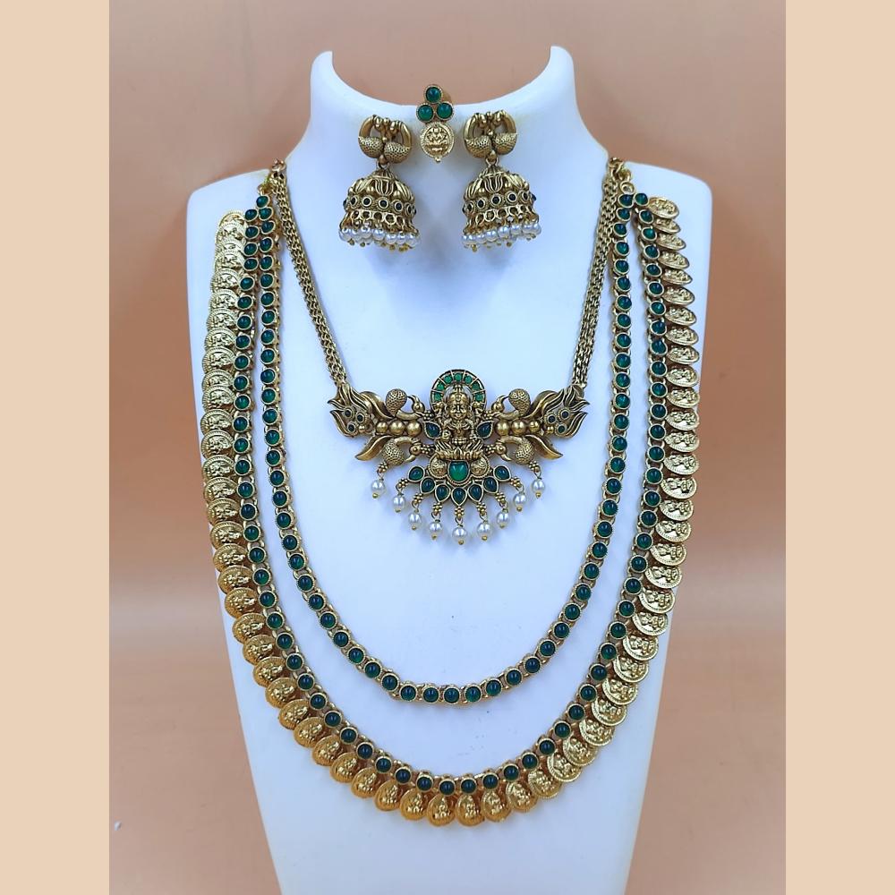 Joyful Jewel Art Matte Gold Plated Temple Long And Short Necklace Set