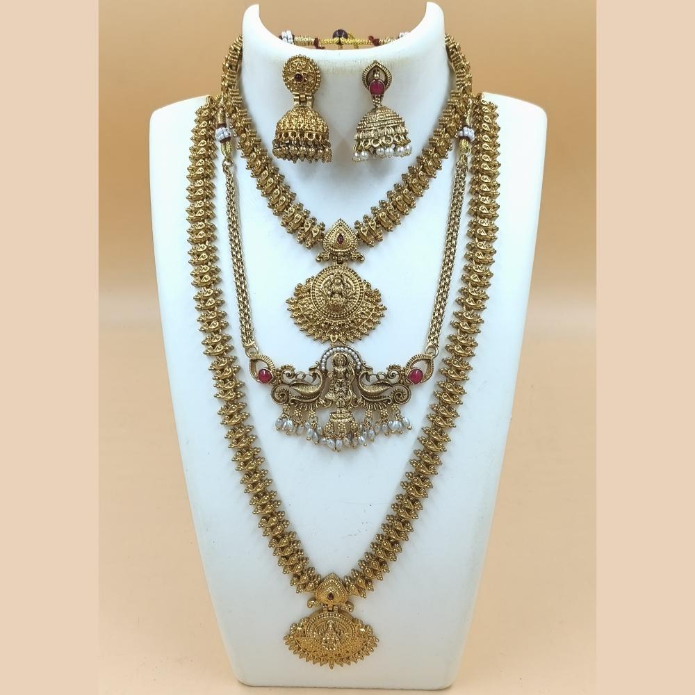 Joyful Jewel Art Matte Gold Plated Temple Long And Short Necklace Set