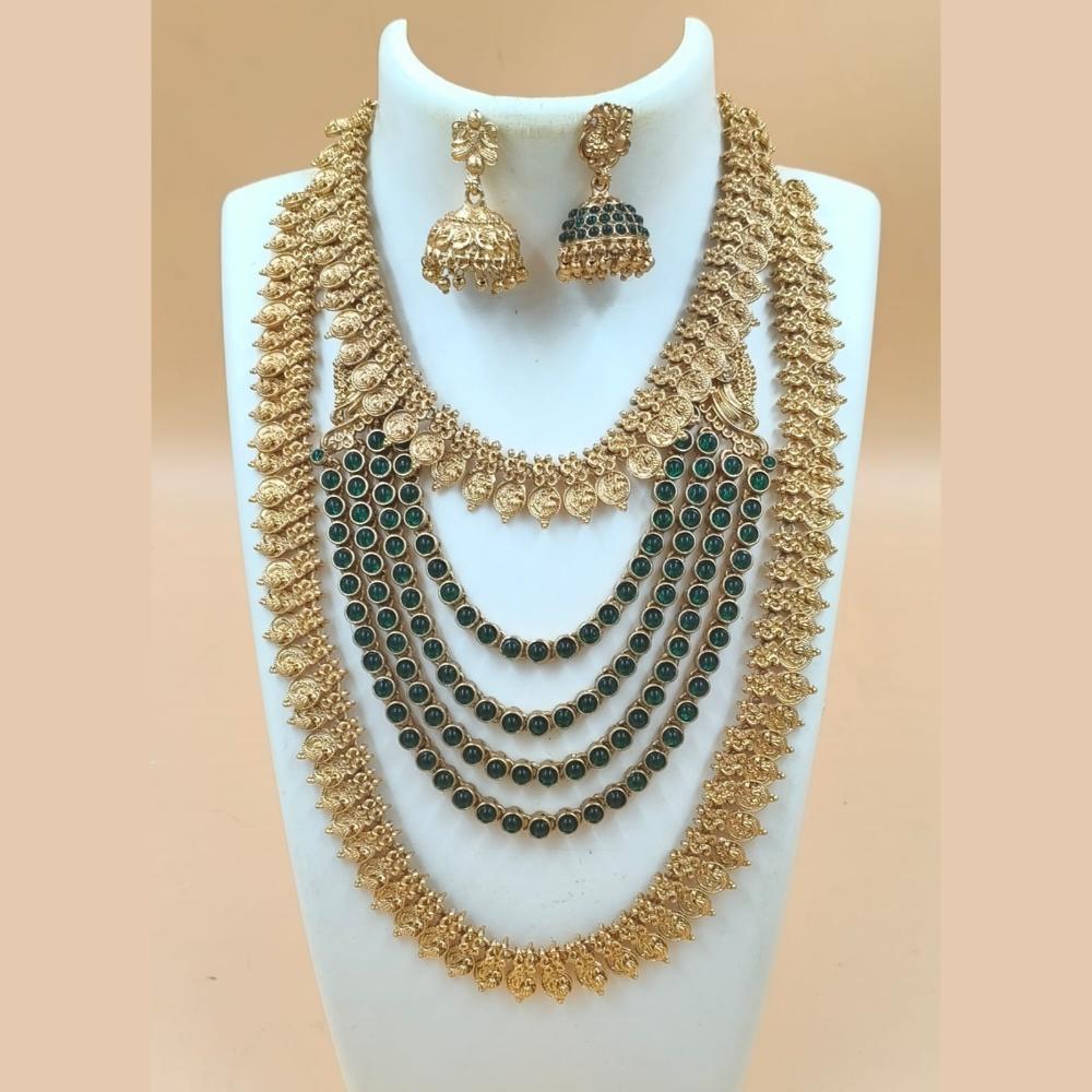 Joyful Jewel Art Matte Gold Plated Pota Stone Temple Double Necklace Set
