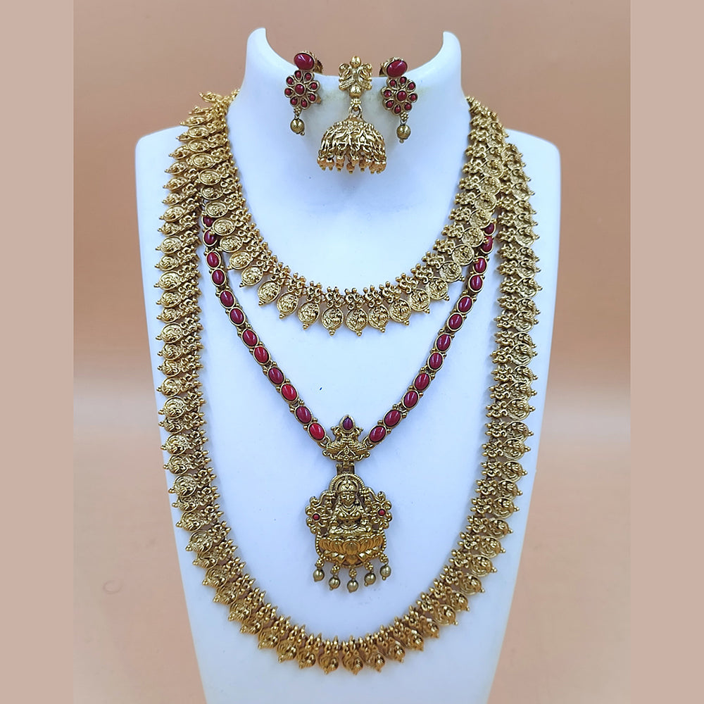 Joyful Jewel Art Matte Gold Plated Pota Stone Temple Double Necklace Set