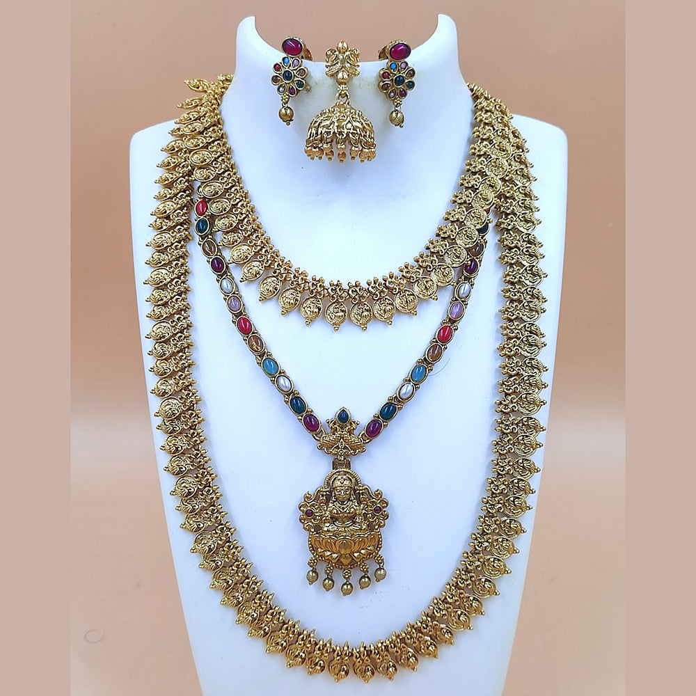 Joyful Jewel Art Matte Gold Plated Pota Stone Temple Double Necklace Set