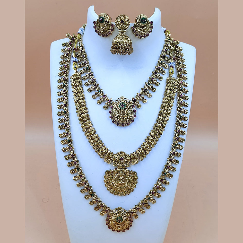 Joyful Jewel Art Matte Gold Plated Pota Stone Temple Double Necklace Set