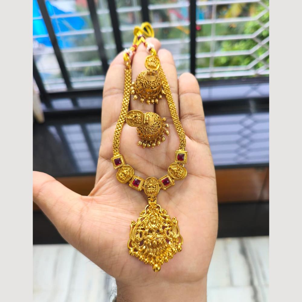 Joyful Jewel Art Premium Matte Gold Plated Pota Stone Temple Design Necklace Set