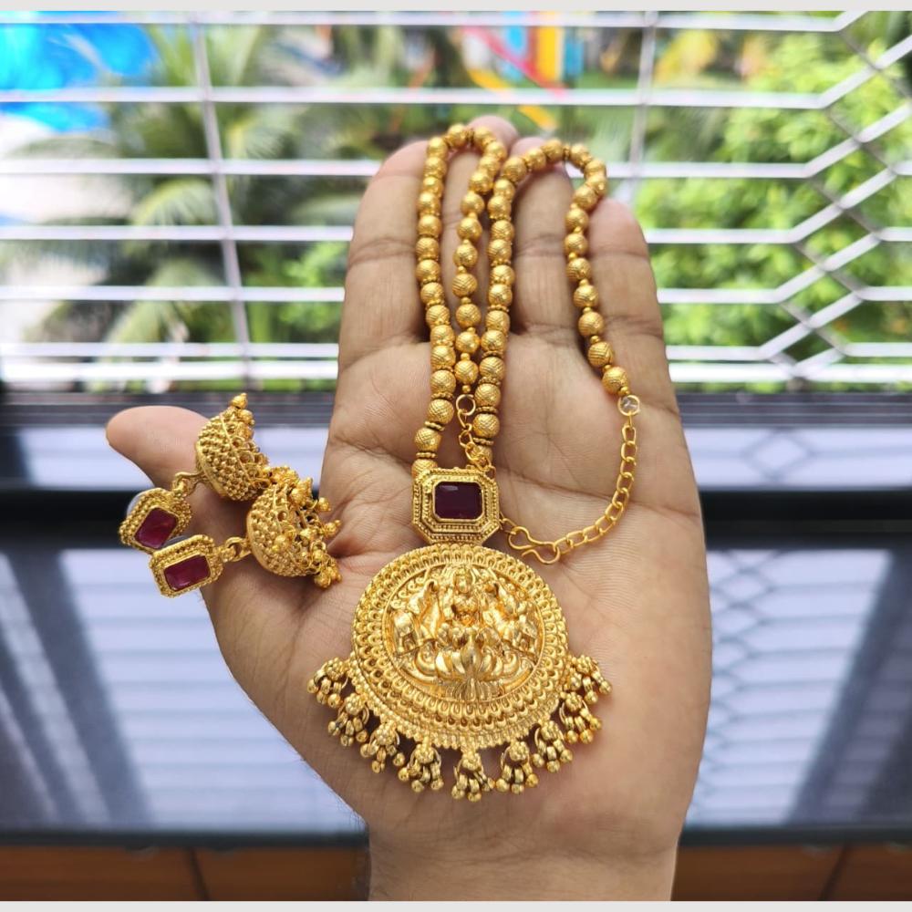Joyful Jewel Art Premium Matte Gold Plated Pota Stone Temple Design Necklace Set