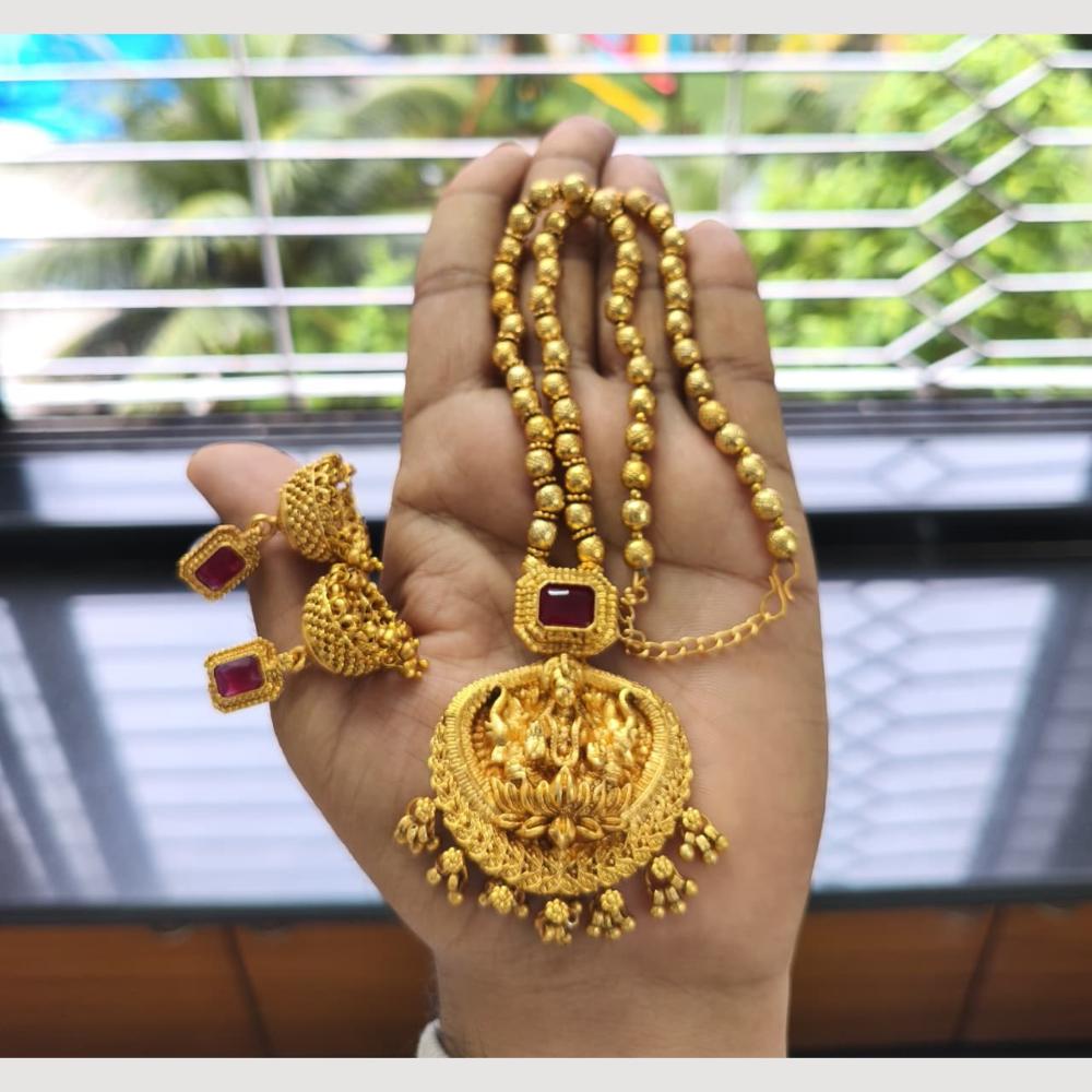 Joyful Jewel Art Premium Matte Gold Plated Pota Stone Temple Design Necklace Set