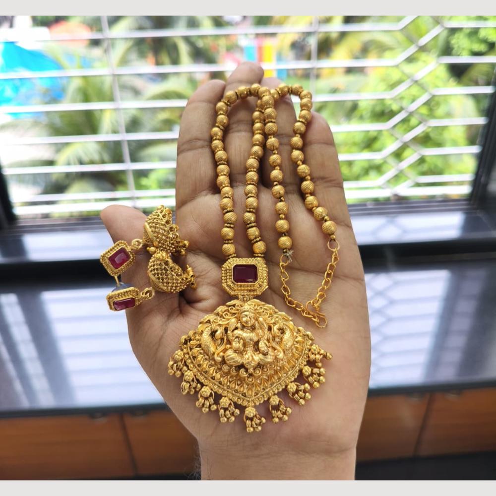 Joyful Jewel Art Premium Matte Gold Plated Pota Stone Temple Design Necklace Set
