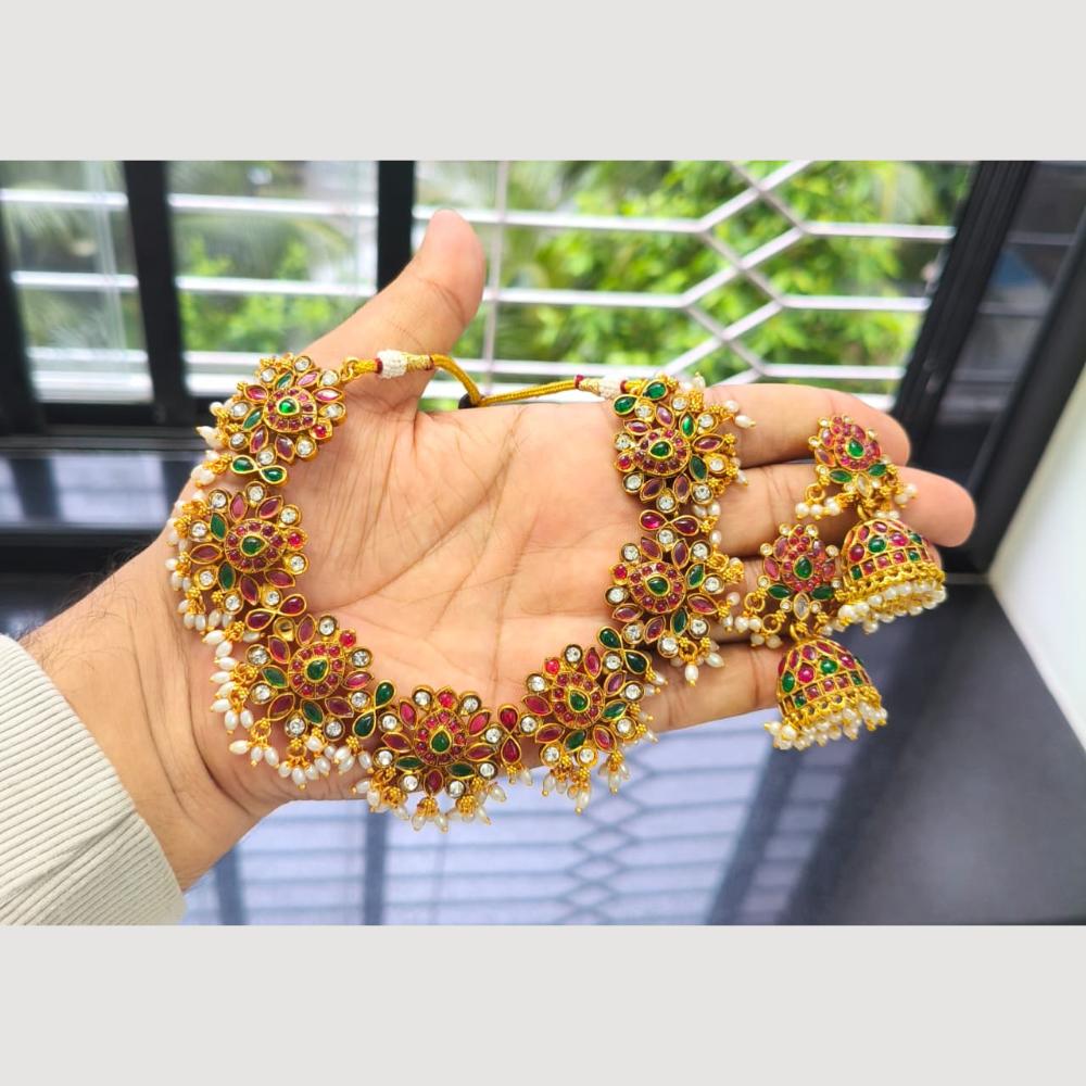 Joyful Jewel Art Designer Matte Gold Plated Kundan And Pearl Necklace Set
