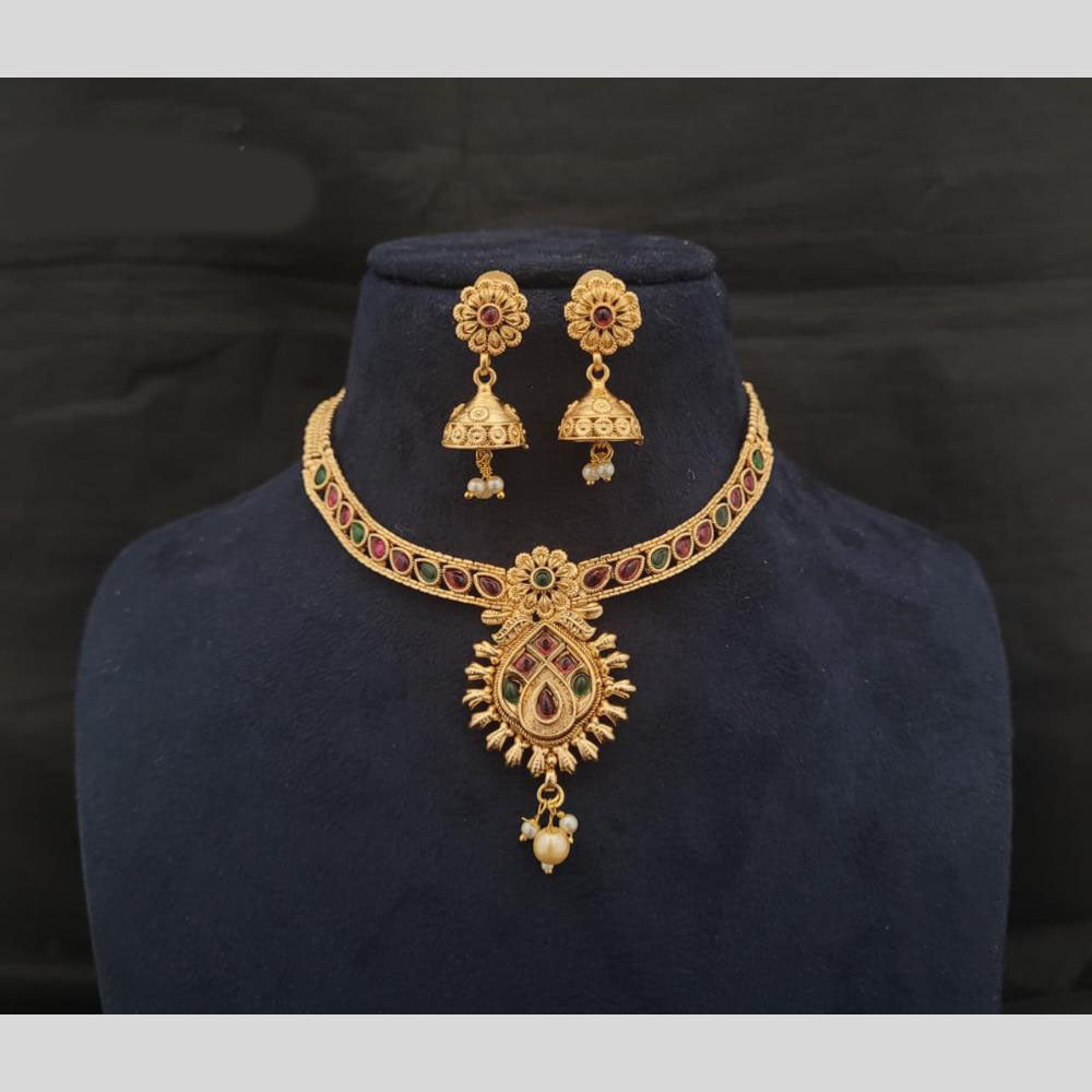Joyful Jewel Art Matte Gold Plated Pota Stone Temple Design Necklace Set