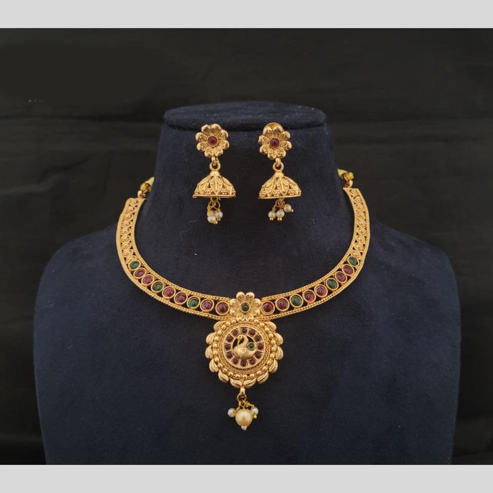 Joyful Jewel Art Matte Gold Plated Pota Stone Temple Design Necklace Set