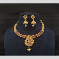 Joyful Jewel Art Matte Gold Plated Pota Stone Temple Design Necklace Set