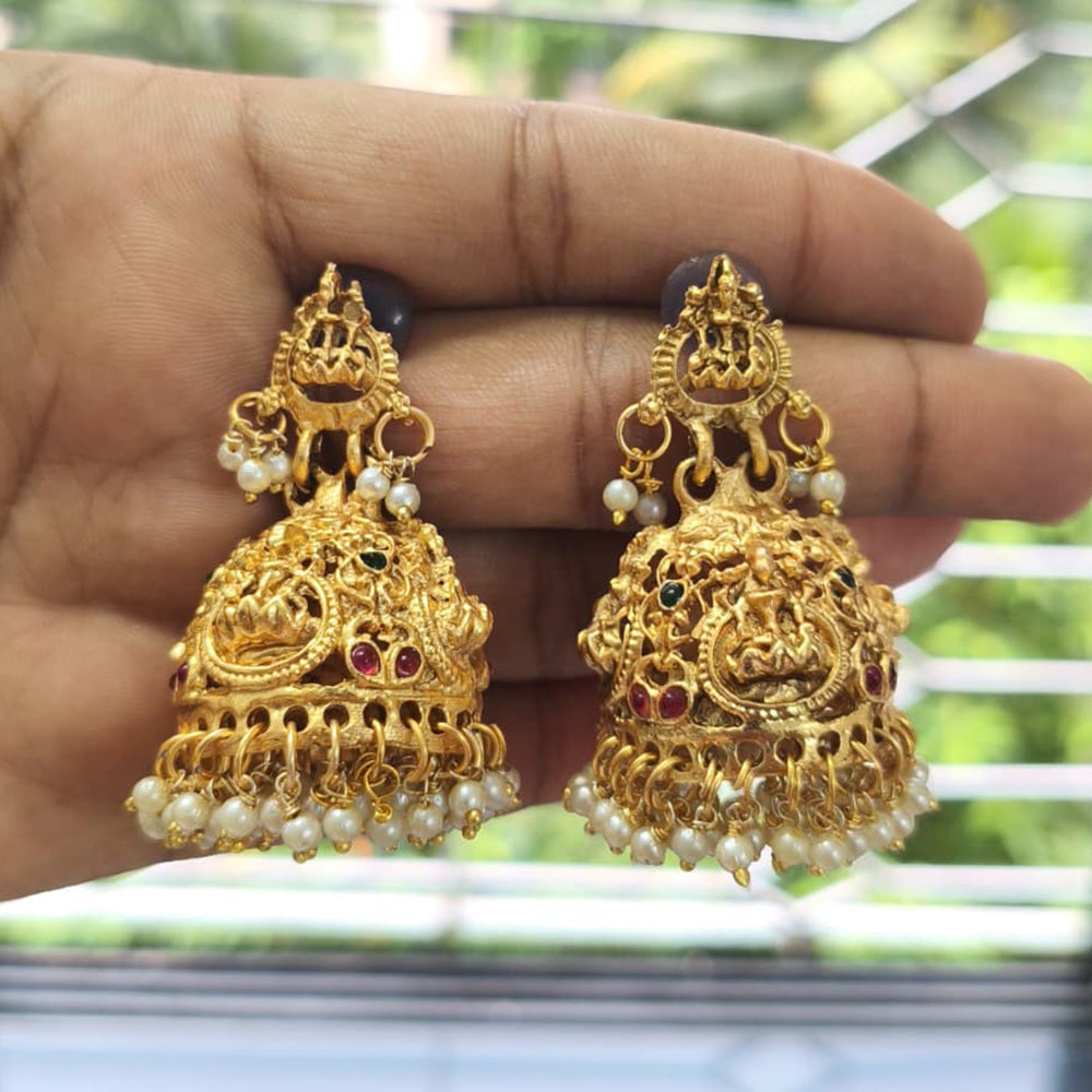 Joyful Jewel Art Royal Matte Pota Stone And Pearls Temple Jhumkis