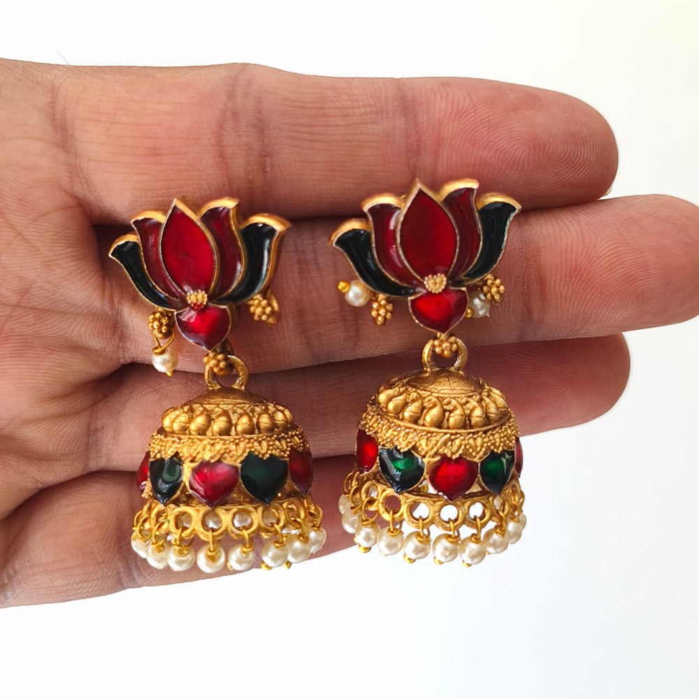 Joyful Jewel Art Festive Pearl And Meenakari Jhumki Earrings