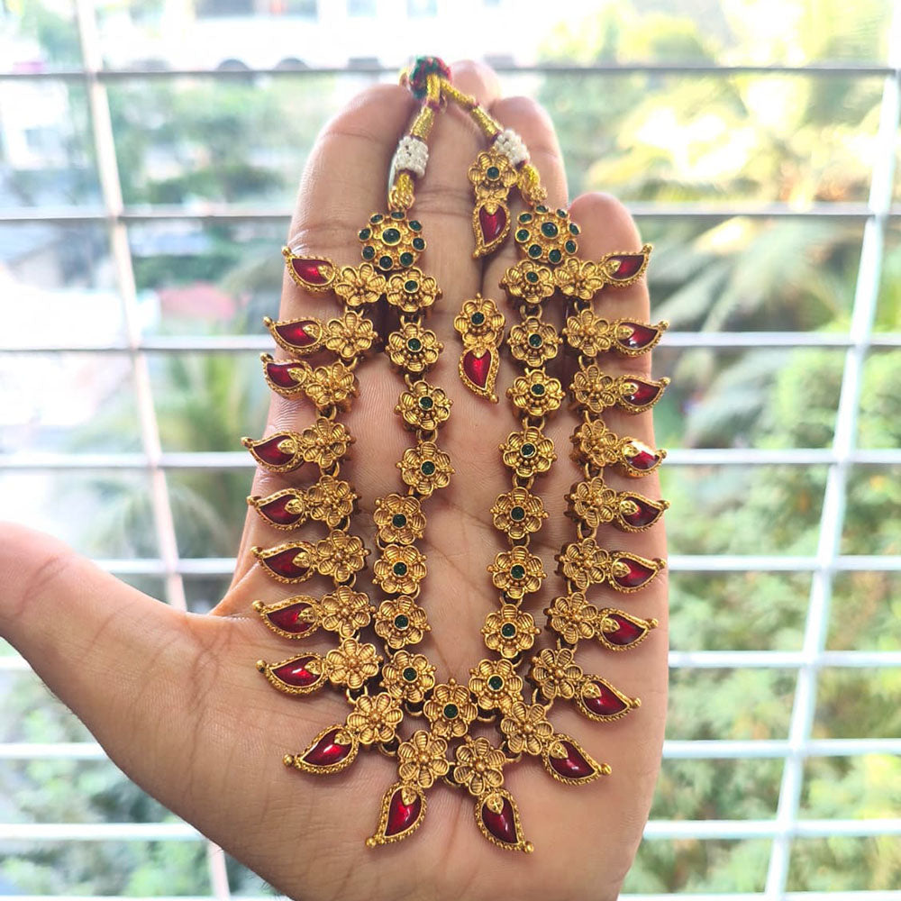 Joyful Jewel Art Heritage Matte Pota Stone Necklace Set With Flower Motifs