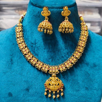 Joyful Jewel Art Traditional Matte Pota Stone And Pearl Temple Necklace Set